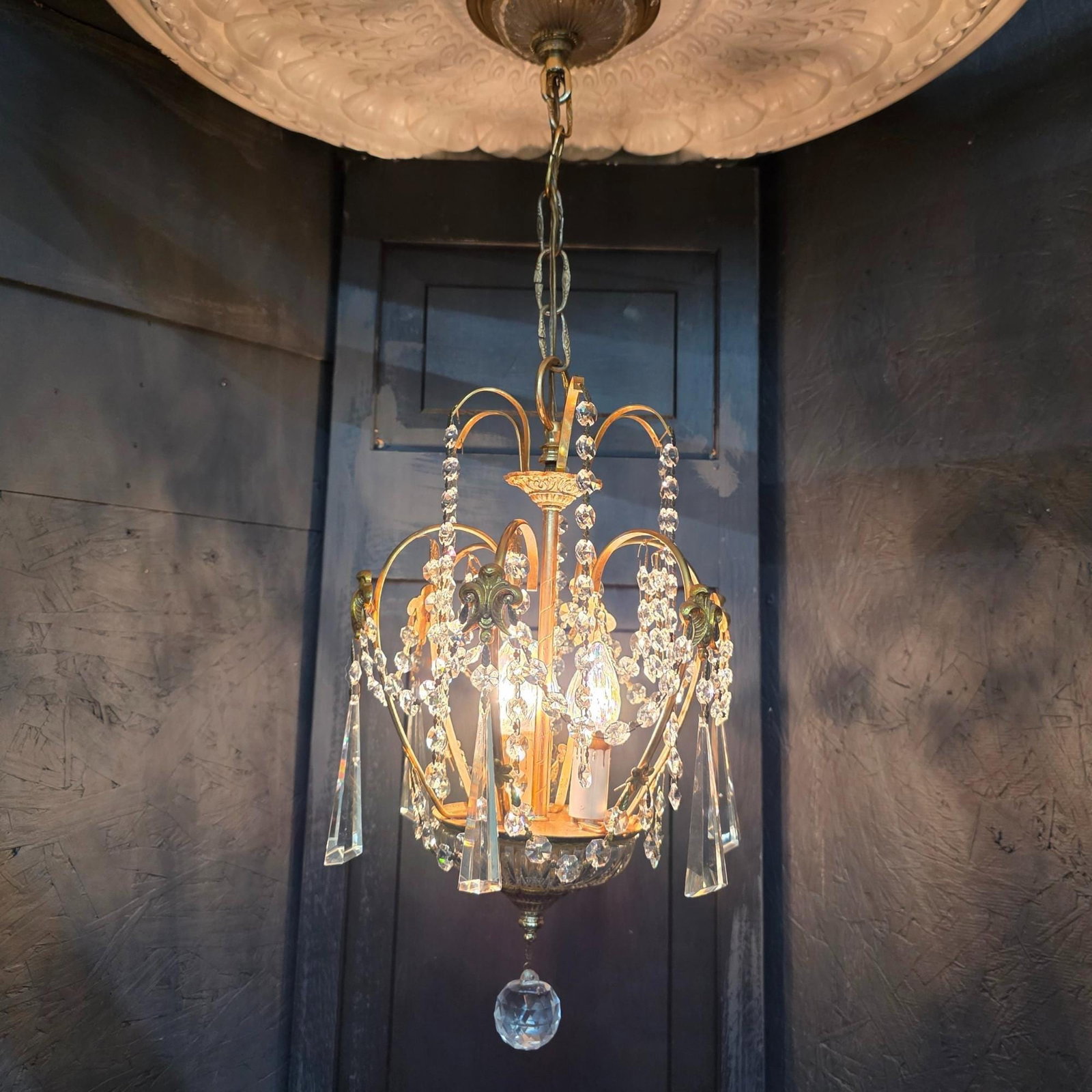 Vintage Brass Crystal Chandelier Petite Hollywood Regency Light Old World Prisms Pendant French - 3