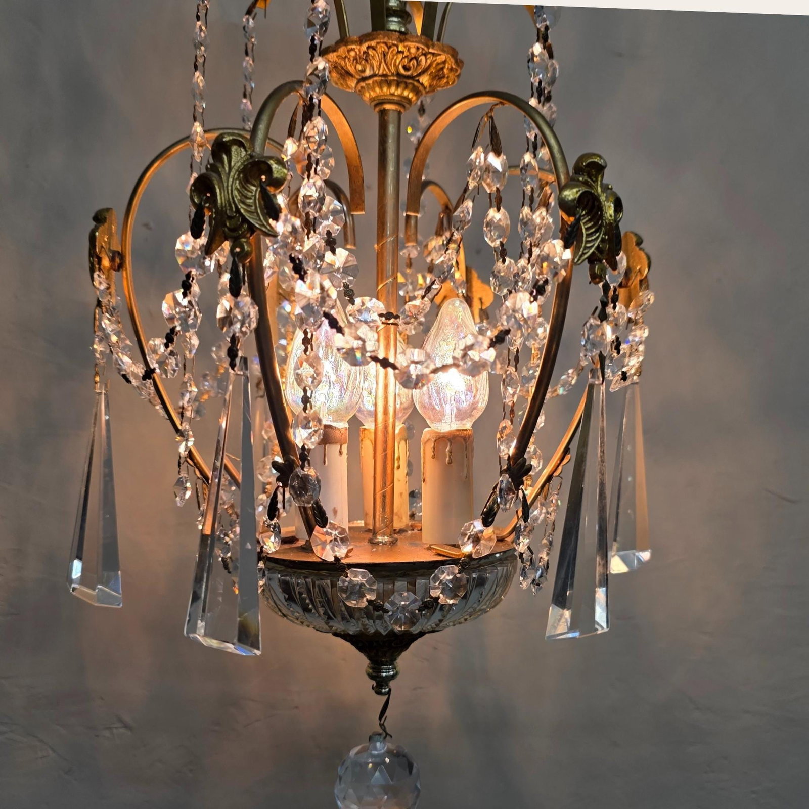 Vintage Brass Crystal Chandelier Petite Hollywood Regency Light Old World Prisms Pendant French - 4
