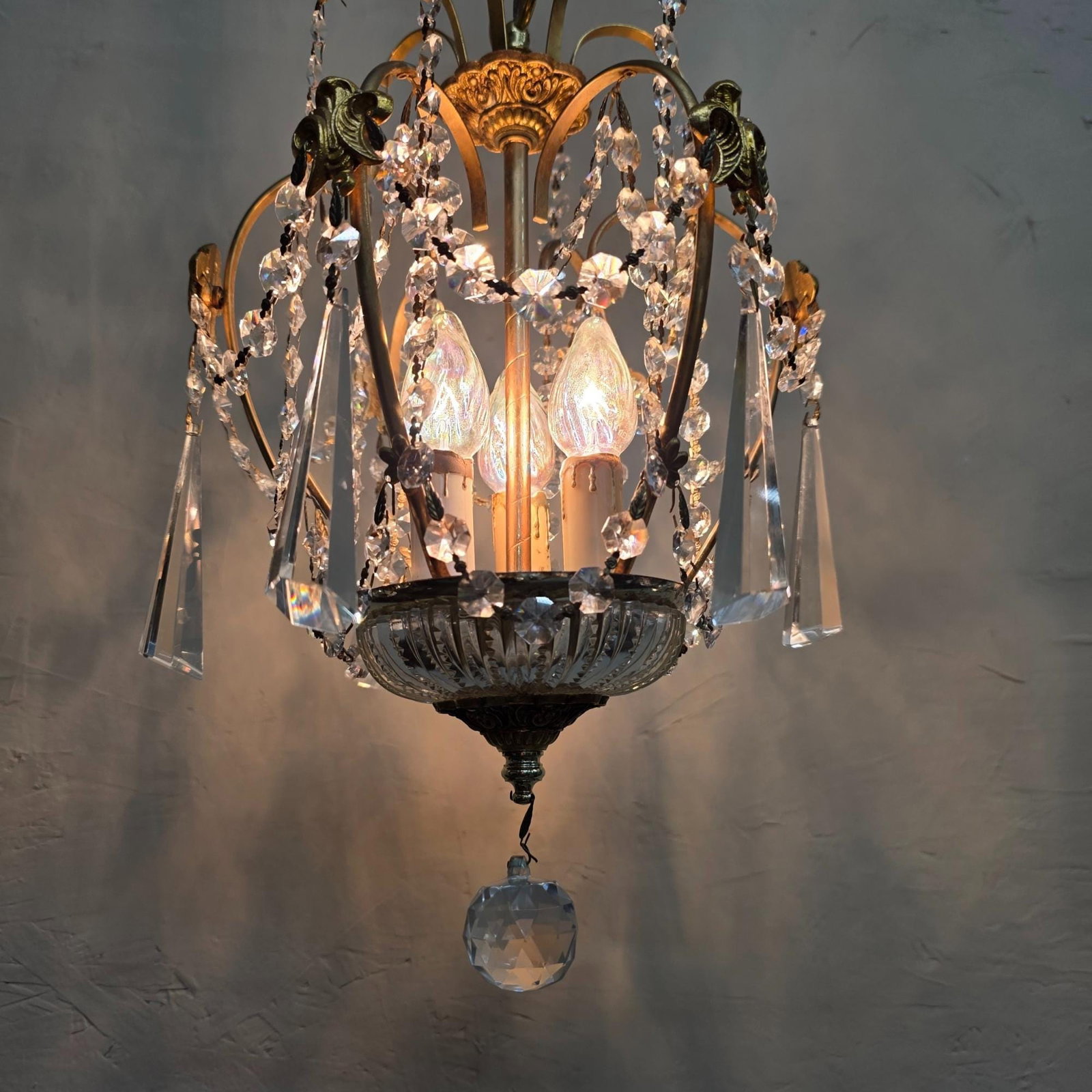 Vintage Brass Crystal Chandelier Petite Hollywood Regency Light Old World Prisms Pendant French - 7