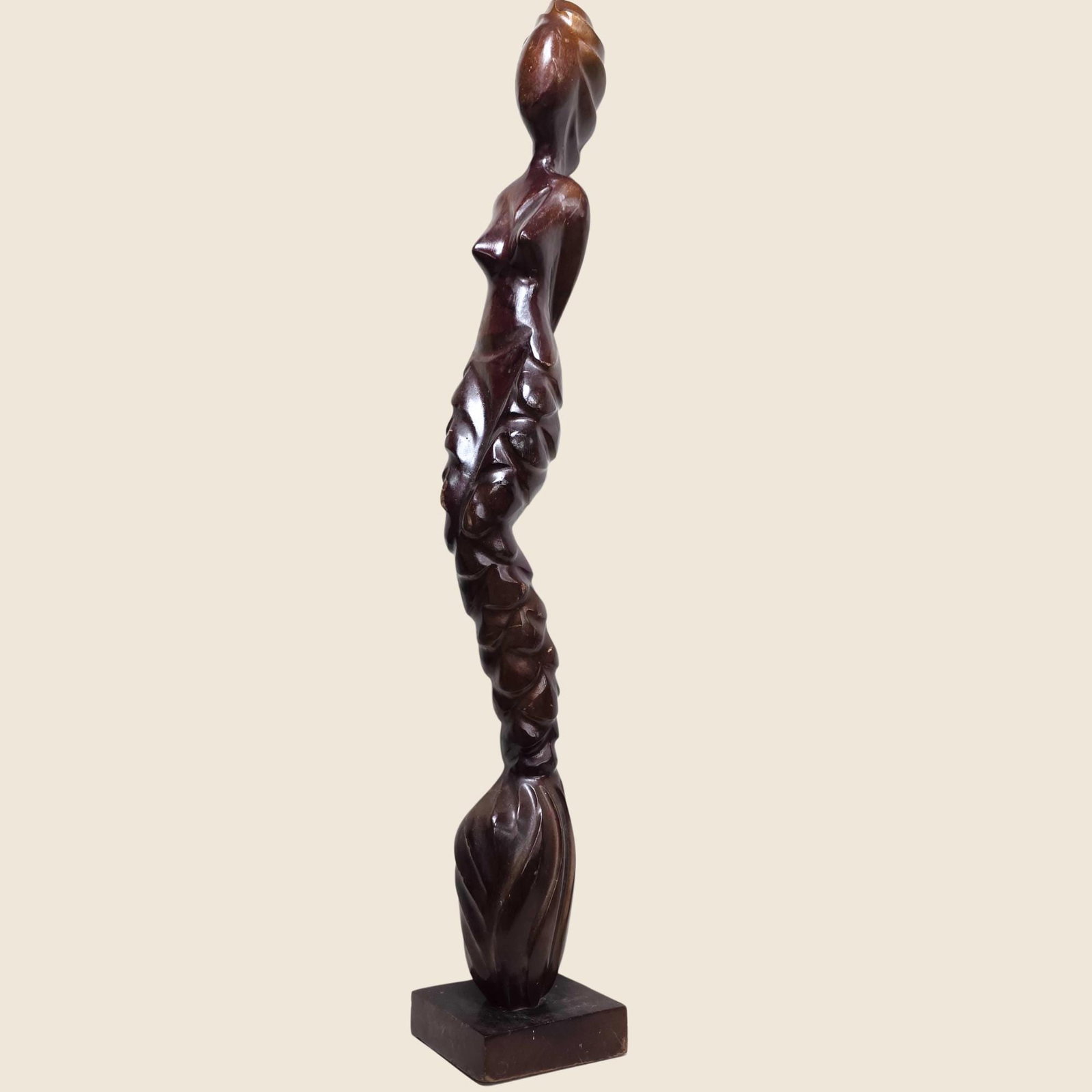 Vintage Tall Carved Wood Sculpture 39” Modernist Twisted Figure Dark Hardwood Floor Statue (1 of 10)