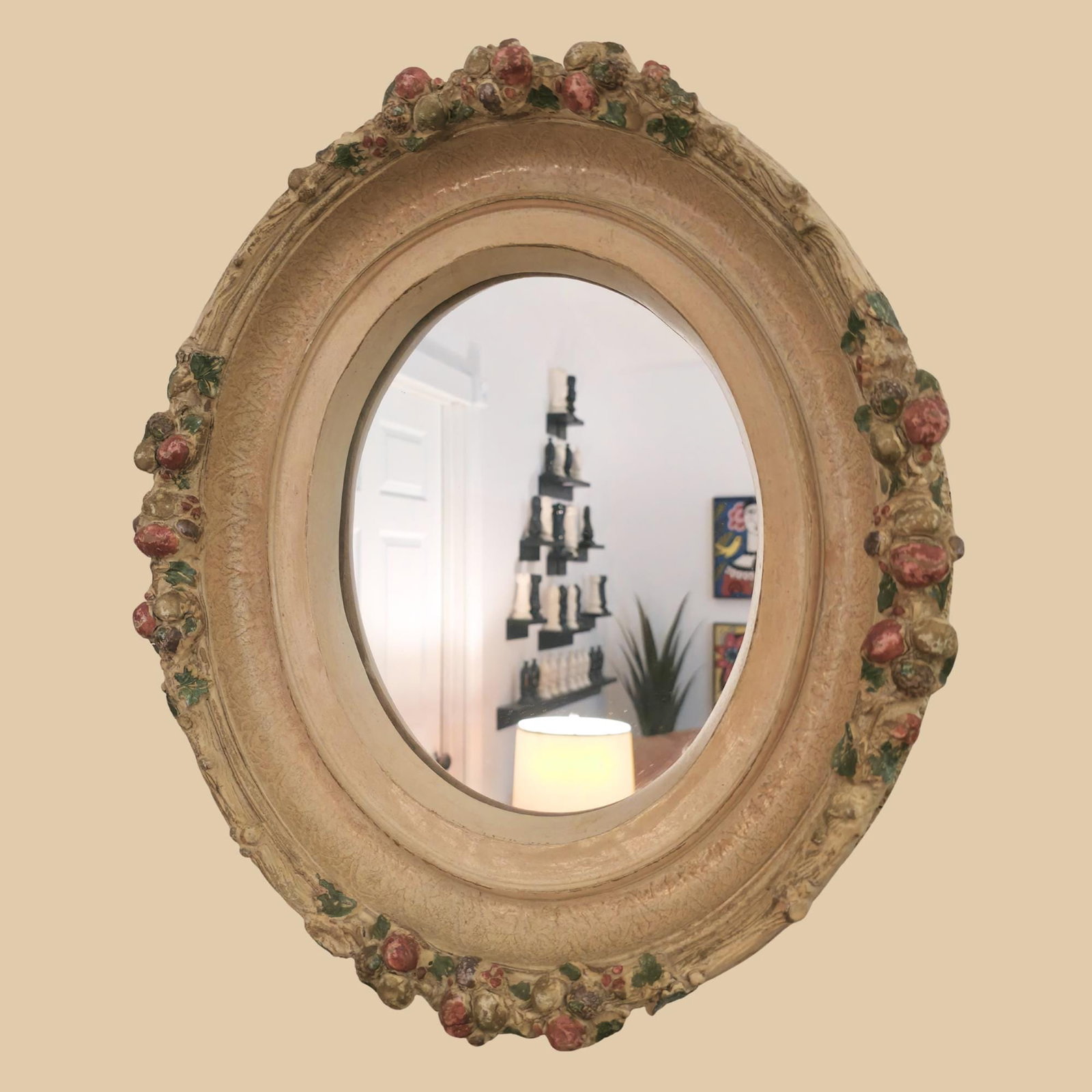 Vintage Oval Wall Mirror: Polychrome Fruit Garland, Tuscan Cottagecore (1 of 8)