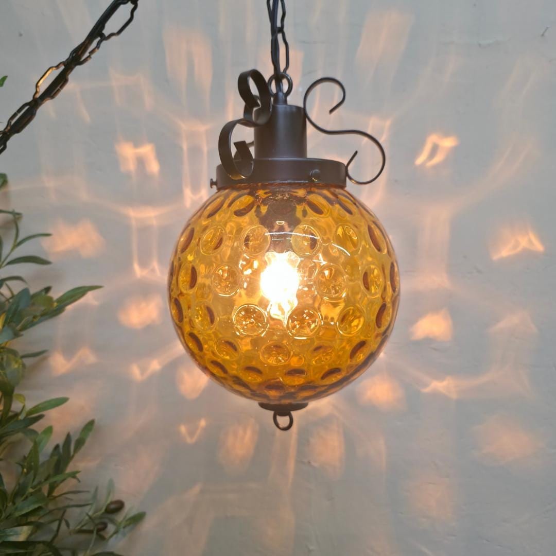 Vintage Amber Hobnail Swag Lamp, Plug-In Pendant Light, 1970s, Rewired, Petite size 8" Globe (1 of 11)
