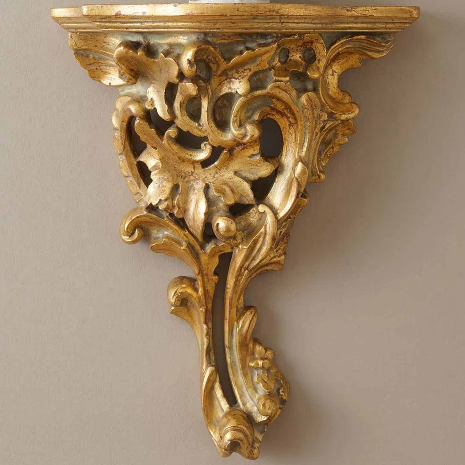 Rococo Giltwood Wall Bracket Shelf, 1960s Carved Gold Corbel, Hollywood Regency - 3