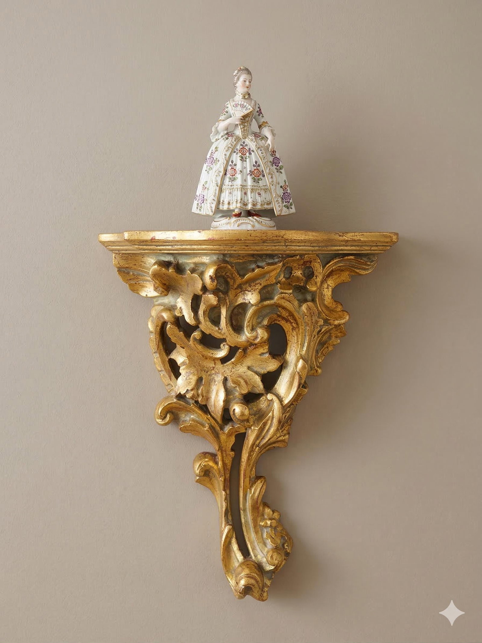 Rococo Giltwood Wall Bracket Shelf, 1960s Carved Gold Corbel, Hollywood Regency - 9