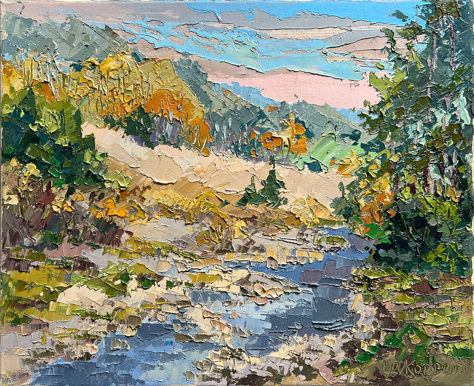 Oil painting with farme Carpathian village K. Leonid: Title: Oil painting with farme Carpathian village K. Leonid Description: 570KK Painter: K. Leonid Size: 40x50 cm/ 15.74x19.68 inches Components: oil, canvas Original painting CONDITION: exellent ERA:2