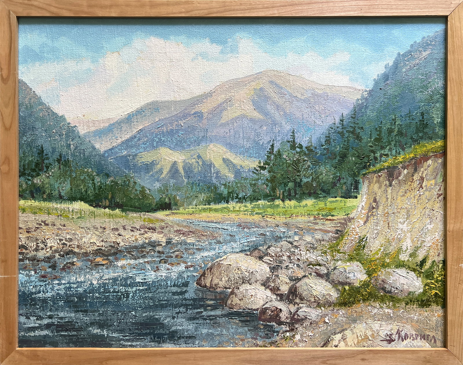 Oil painting with frame Carpathian mountain river K. Leonid: Title: Oil painting with frame Carpathian mountain river K. Leonid Description: 843KK Painter: K. Leonid Size: 50x65 cm/ 19.68x25.59 inches Components: oil, canvas Original painting CONDITION: exellen
