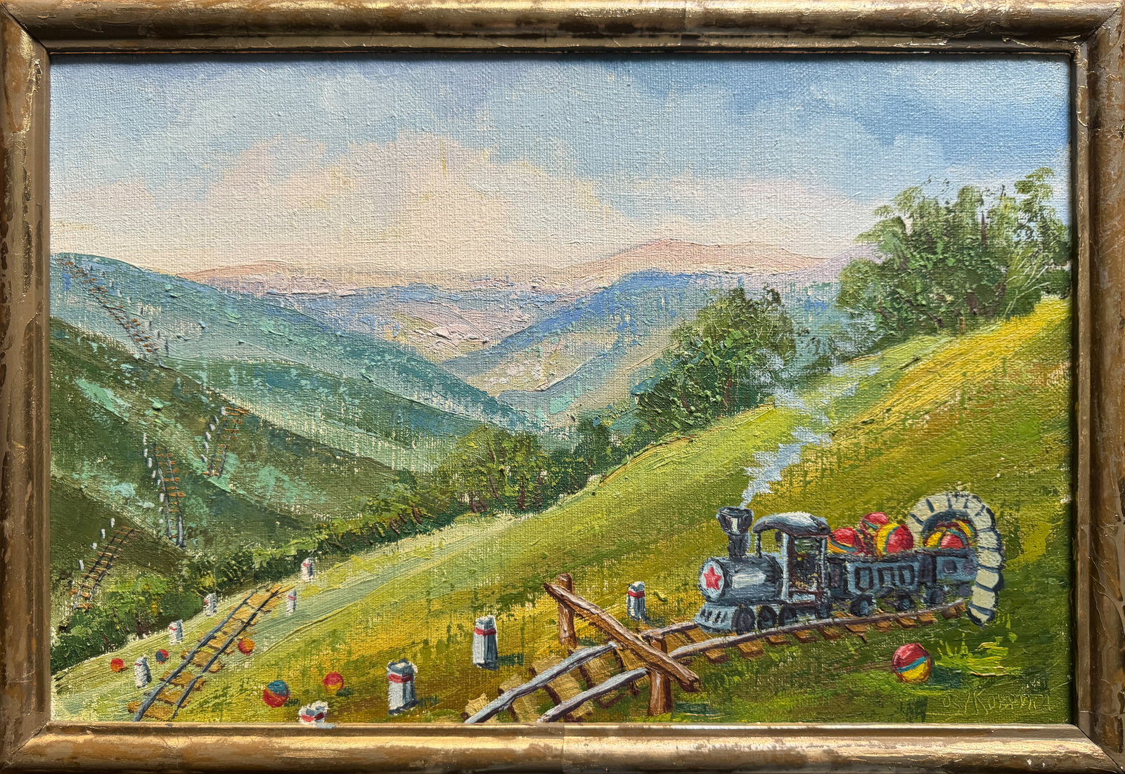 Oil painting with frame Carpathian mountains K. Leonid: Title: Oil painting with frame Carpathian mountains K. Leonid Description: 848KK Painter: K. Leonid Size: 36x55.5 cm/ 14.17x21.85 inches Components: oil, canvas Original painting CONDITION: exellent E
