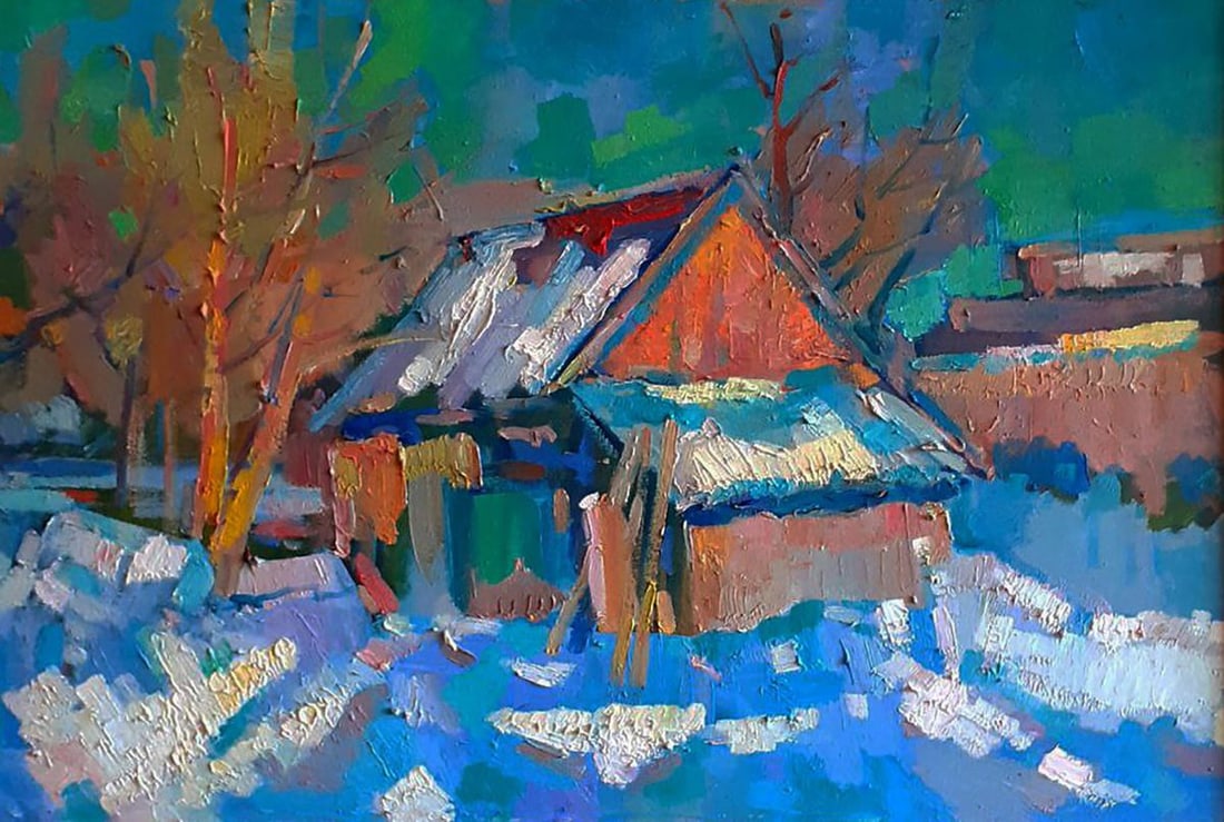 Oil painting Winter snowy morning Peter Dobrev: Title: Oil painting Winter snowy morning Peter Dobrev Description: NoDobr 877The Oil painting on Canvas titled "Winter snowy morning" radiates an atmosphere of serene beauty and vivid energy,