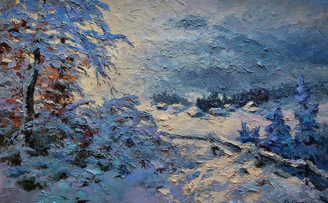 Oil painting In the winter mountains Boris Serdyuk: Title: Oil painting In the winter mountains Boris Serdyuk Description: NoSERB 1167The oil painting on canvas titled "In the Winter Mountains" evokes the serene yet majestic essence of a snow-covered