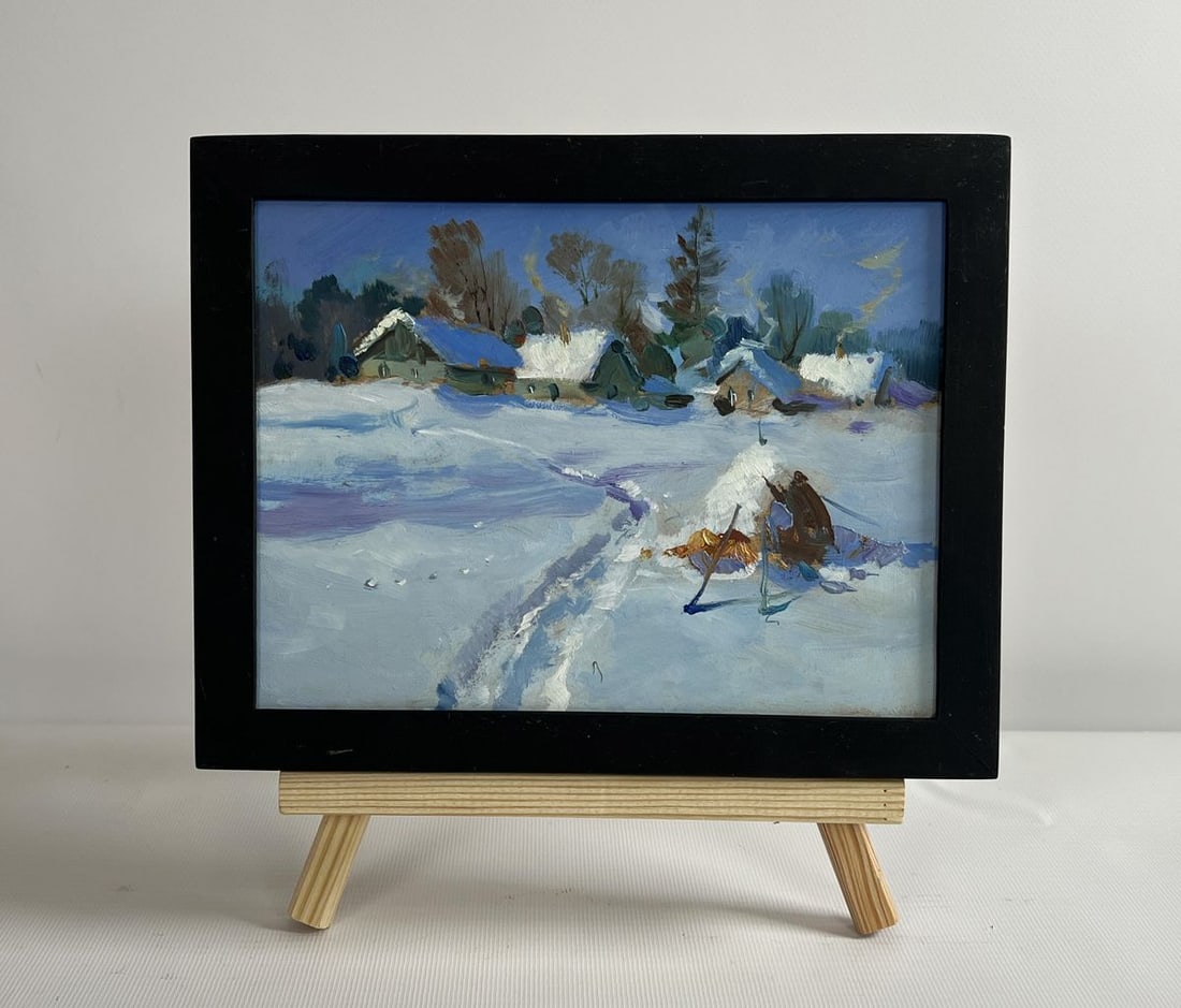 Oil painting Snowy path to the village Yuriy Suprunchuk: Title: Oil painting Snowy path to the village Yuriy Suprunchuk Description: NoAAA4280The painting "Snowy Path to the Village" captures a tranquil winter scene where the untouched beauty of snow-covere
