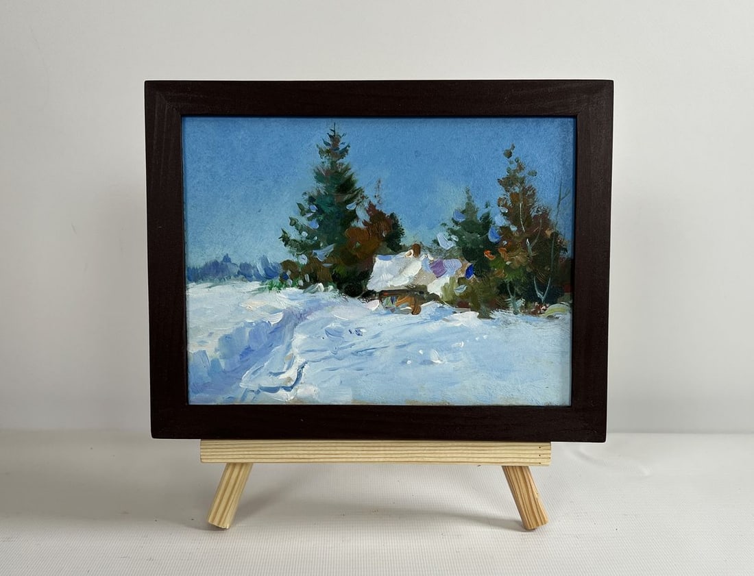 Oil painting House in the Snow Yuriy Suprunchuk: Title: Oil painting House in the Snow Yuriy Suprunchuk Description: NoAAA4332The painting "House in the Snow" portrays a serene winter landscape, where nature is wrapped in a pristine white blanket,