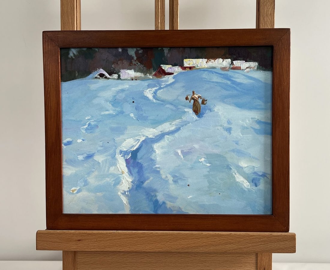 Oil painting Along the snowy paths Yuriy Suprunchuk: Title: Oil painting Along the snowy paths Yuriy Suprunchuk Description: NoAAA4388The painting "Along the Snowy Paths" captures the serene yet challenging beauty of winter in a remote village. The vast