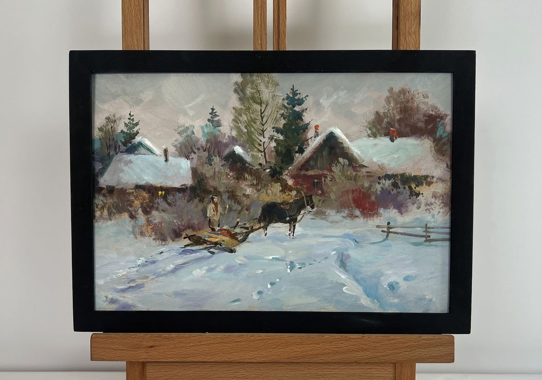 Oil painting Country winter evening Yuriy Suprunchuk: Title: Oil painting Country winter evening Yuriy Suprunchuk Description: NoAAA4458The painting "Country Winter Evening" captures a quiet rural landscape enveloped in the cold embrace of winter, with t