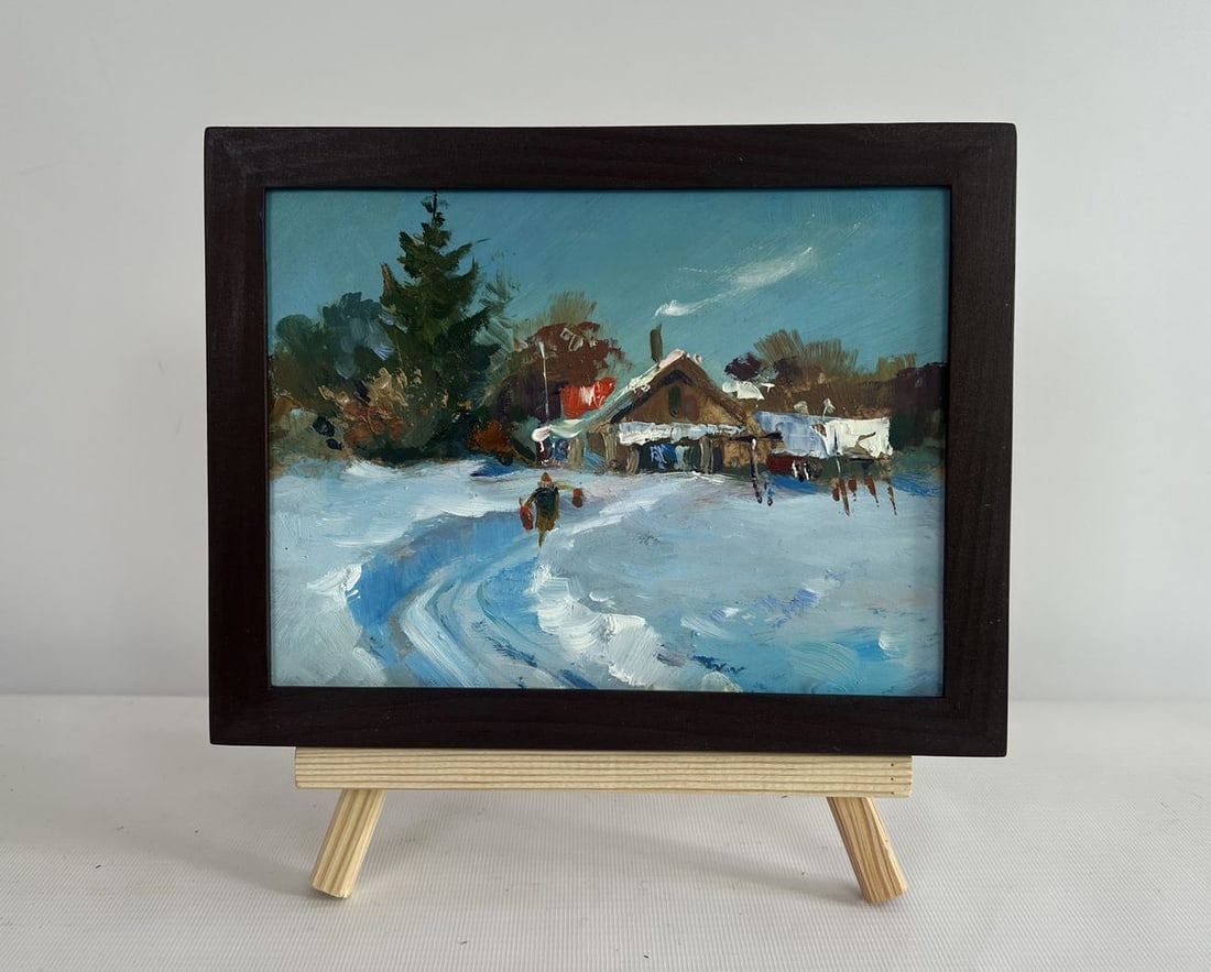 Oil painting Winter path leading home Yuriy Suprunchuk: Title: Oil painting Winter path leading home Yuriy Suprunchuk Description: NoAAA4463The painting "Winter Path Leading Home" captures the serene and peaceful essence of a countryside village enveloped