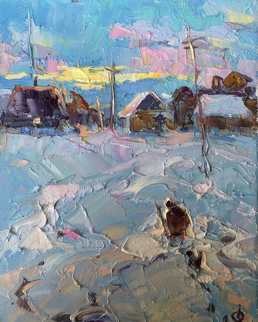 Oil painting Home Alex Kalenyuk: Title: Oil painting Home Alex Kalenyuk Description: NoAAA3229"Home" is an evocative oil painting that uses a vibrant palette and impasto technique to portray a scene of return to a place of warmth and