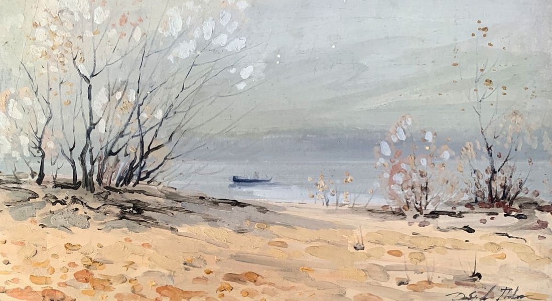 Oil painting Snowy shore Peter Tovpev: Title: Oil painting Snowy shore Peter Tovpev Description: NoAAA3389"Snowy Shore" is an evocative oil painting that captures the quiet beauty of a winter landscape along a shoreline. The artist uses a