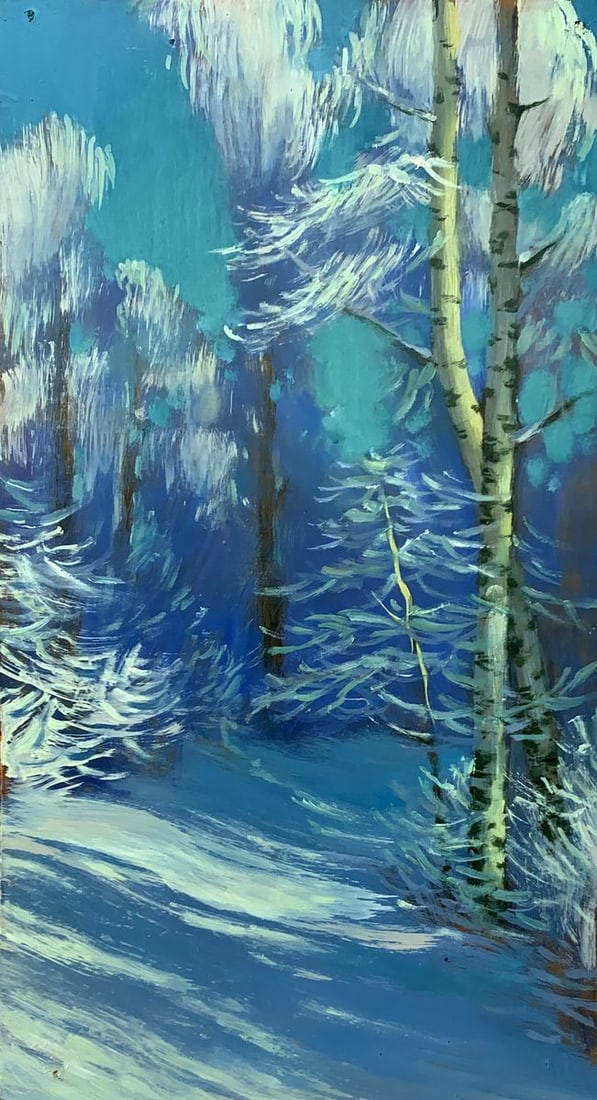 Oil painting Winter night Mykhailo Burdylo: Title: Oil painting Winter night Mykhailo Burdylo Description: NoAAA3410The oil painting titled "Winter Night" captures the mystical beauty of a quiet winter forest, bathed in the cool, luminous glow