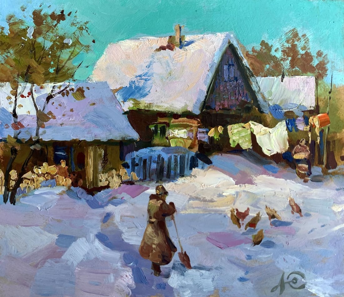 Oil painting Covered with snow Yuriy Suprunchuk: Title: Oil painting Covered with snow Yuriy Suprunchuk Description: NoAAA3594The painting titled "Covered with snow" beautifully captures a serene moment of rural life in winter. The artwork