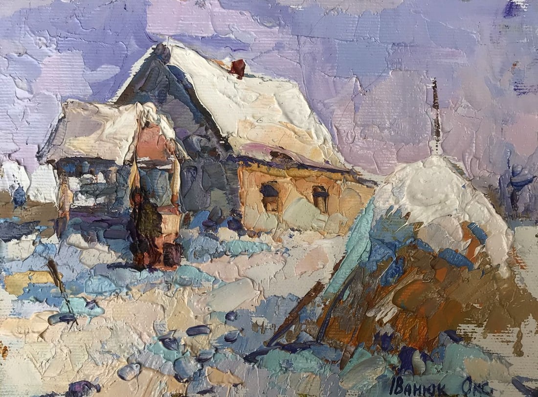 Oil painting In the courtyard Oksana Kalenyuk: Title: Oil painting In the courtyard Oksana Kalenyuk Description: NoAAA3211The oil painting "In the Courtyard" depicts a rustic, snow-clad scene that exudes the quiet atmosphere of a winter day. The a