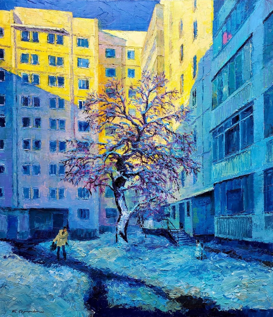 Oil painting In the city yard Boris Serdyuk: Title: Oil painting In the city yard Boris Serdyuk Description: NoSERB 1042The oil painting titled "In the City Yard" is an evocative portrayal of urban life, capturing a moment of natural beauty