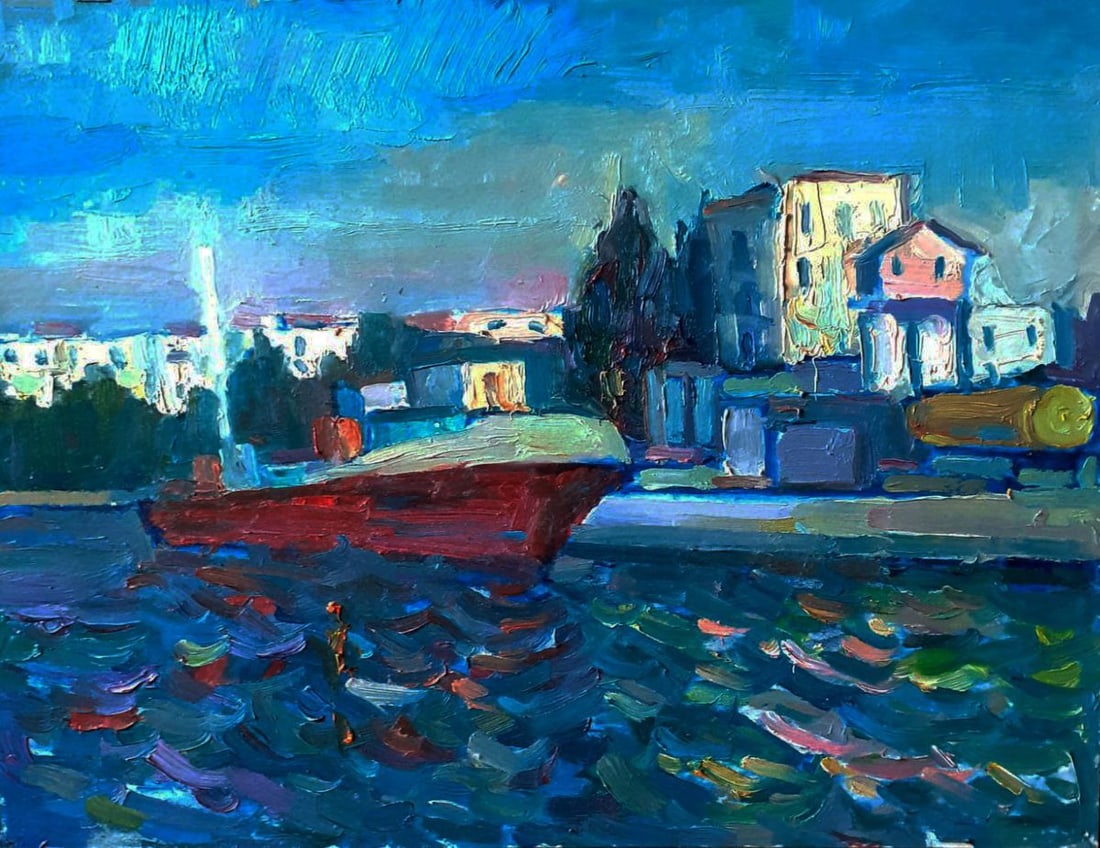 Oil painting Red barge on water Pavel Dobrev (1 of 6)