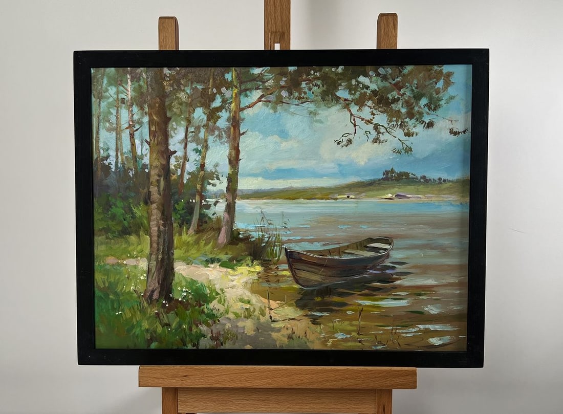 Oil painting River in the arms of the forest Yuriy Suprunchuk: Title: Oil painting River in the arms of the forest Yuriy Suprunchuk Description: NoAAA4216The oil painting "River in the Arms of the Forest" is a breathtaking portrayal of natures serene beauty, wher