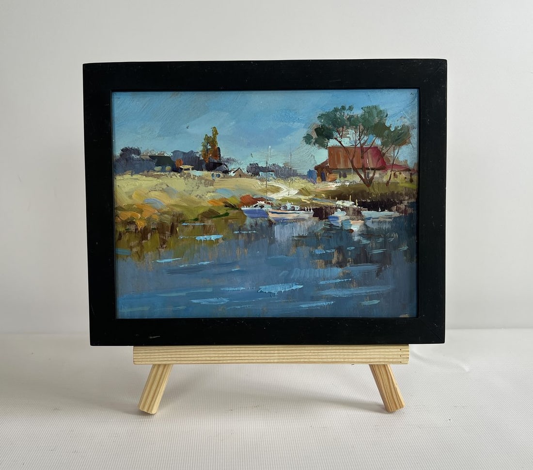 Oil painting Sailboats on the shore Yuriy Suprunchuk: Title: Oil painting Sailboats on the shore Yuriy Suprunchuk Description: NoAAA4290The painting "Sailboats on the shore" captures the tranquility of a serene coastal village as the day comes to an end.