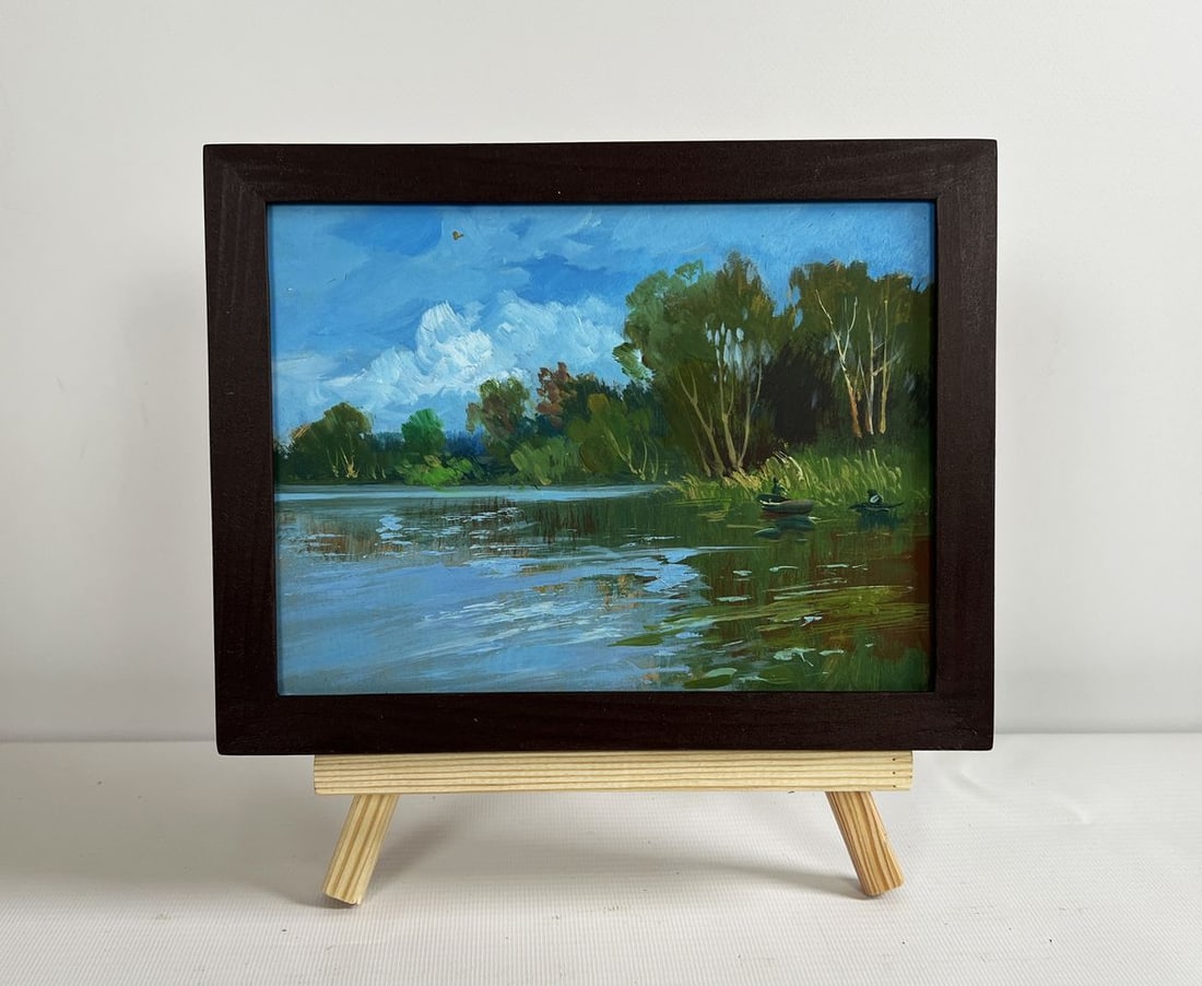 Oil painting River in green embrace Yuriy Suprunchuk: Title: Oil painting River in green embrace Yuriy Suprunchuk Description: NoAAA4329The painting "River in Green Embrace" captures a tranquil riverside scene where nature thrives in its full splendor.