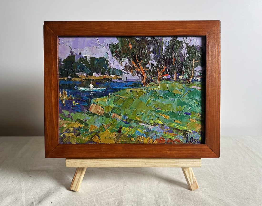 Oil painting Swam to the shore Oksana Kalenyuk: Title: Oil painting Swam to the shore Oksana Kalenyuk Description: NoAAA3819This oil painting cardboard, titled "Swam to the shore", the foreground is dominated by a lush, grassy shoreline, painted