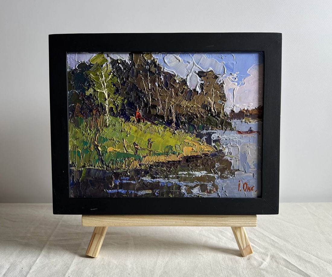 Oil painting By boat to the shore Oksana Kalenyuk: Title: Oil painting By boat to the shore Oksana Kalenyuk Description: NoAAA3990This oil painting cardboard, titled "By boat to the shore", the interplay of vibrant greens, deep blues, and earthy