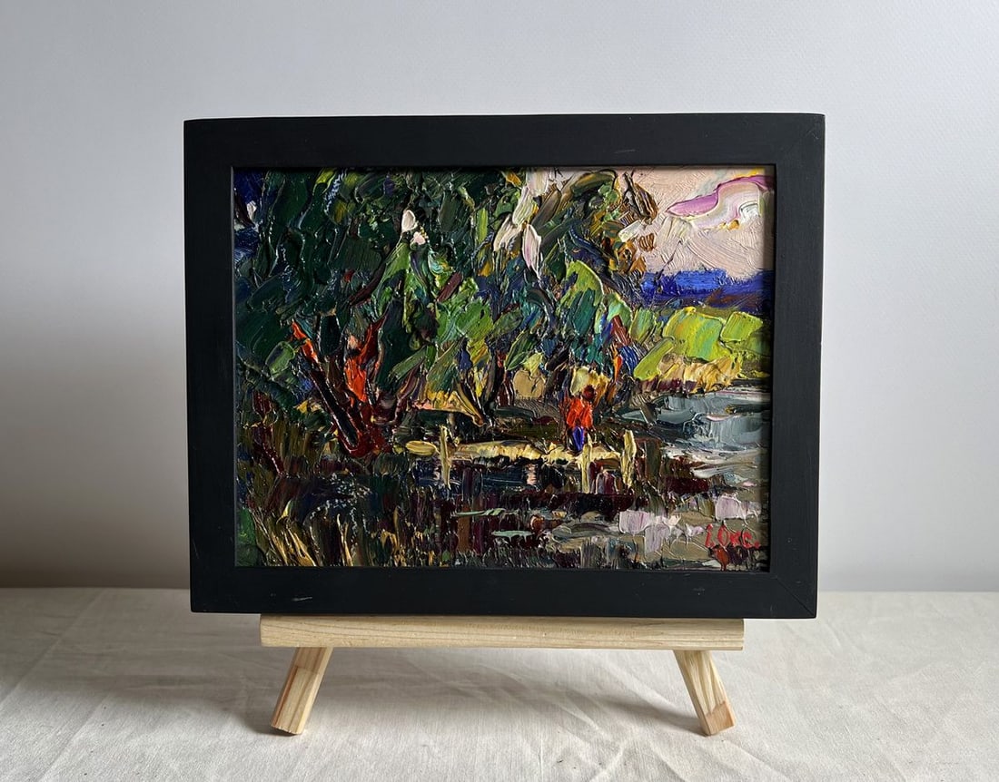 Oil painting Willows by the river Oksana Kalenyuk: Title: Oil painting Willows by the river Oksana Kalenyuk Description: NoAAA4025This oil painting cardboard, titled "Willows by the river", the artist employs a rich and dynamic palette dominated by de