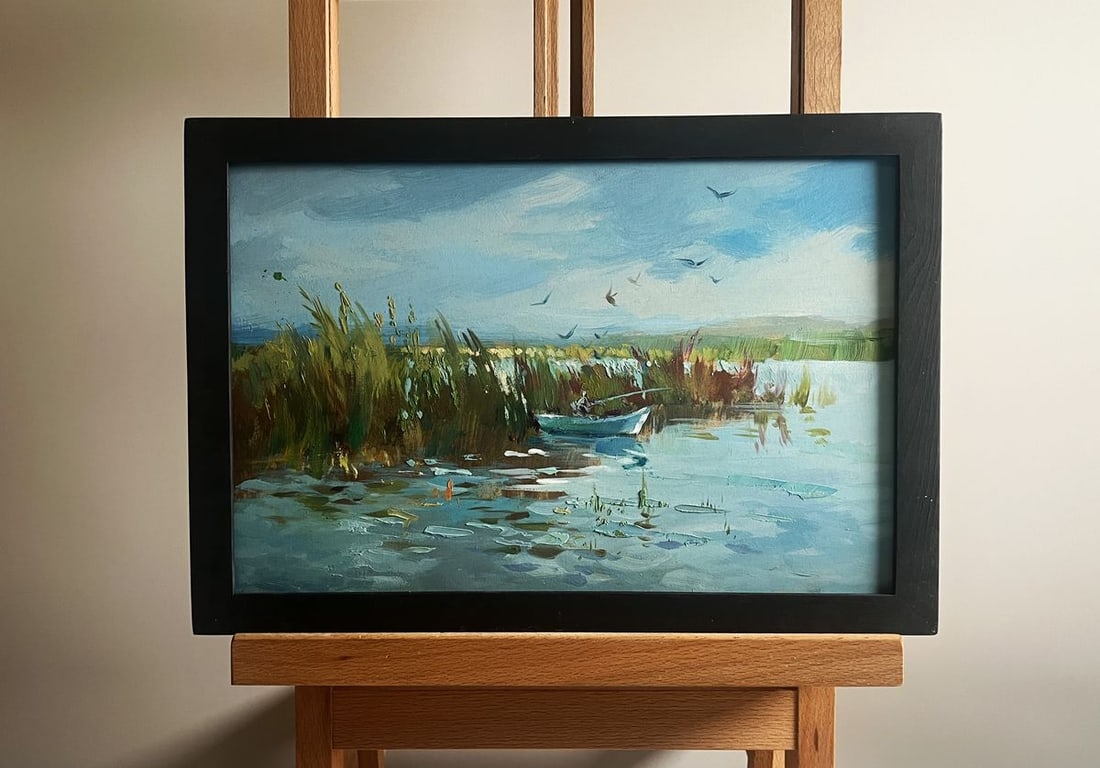 Oil painting Fishing among the reeds Yuriy Suprunchuk: Title: Oil painting Fishing among the reeds Yuriy Suprunchuk Description: NoAAA4164The painting titled "Fishing among the reeds" captures a peaceful moment in nature, where a fisherman sits quietly