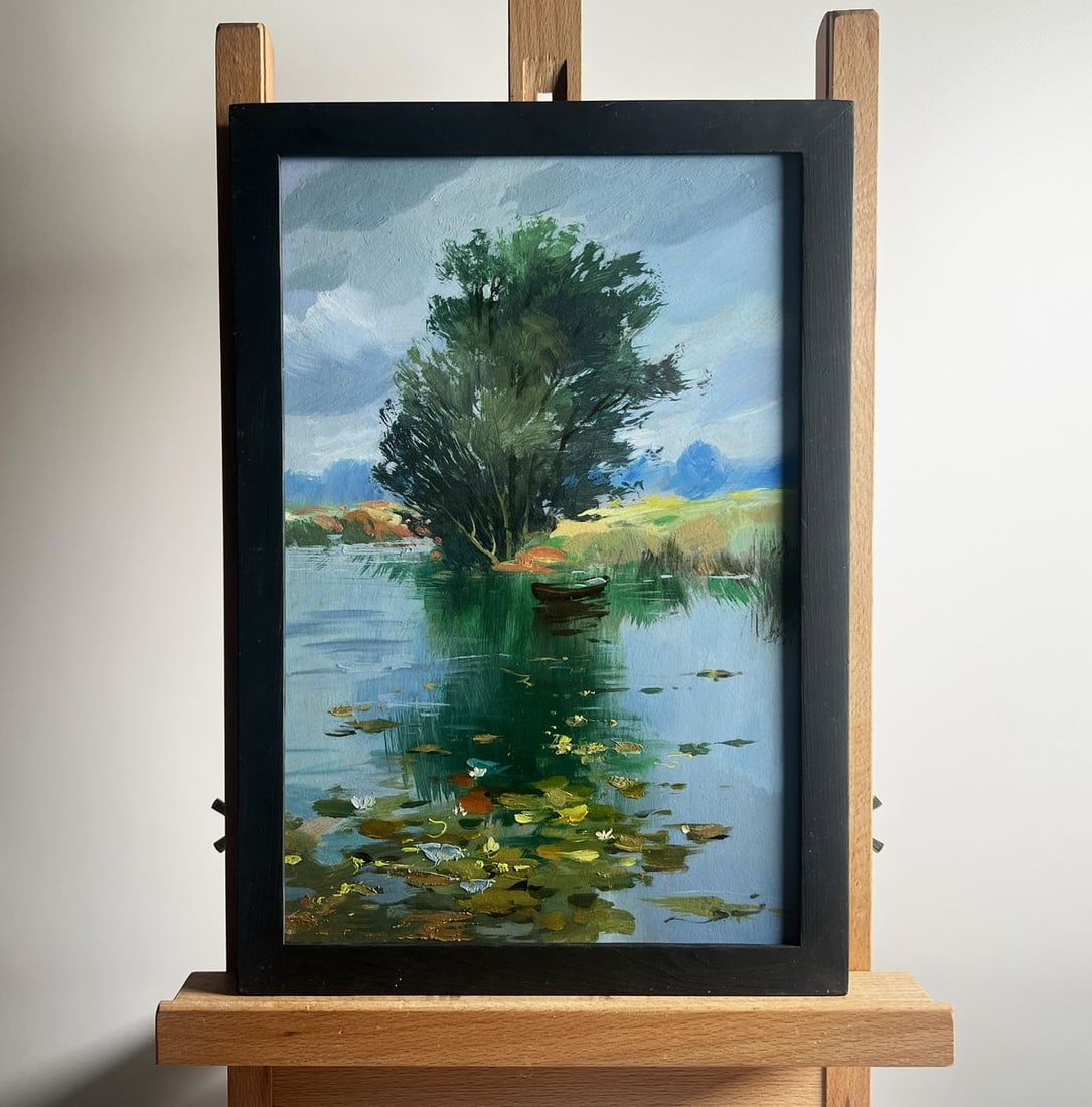 Oil painting Fishing by a lonely tree Yuriy Suprunchuk: Title: Oil painting Fishing by a lonely tree Yuriy Suprunchuk Description: NoAAA4171The painting titled "Fishing by a lonely tree" beautifully captures a tranquil riverside scene where nature and soli