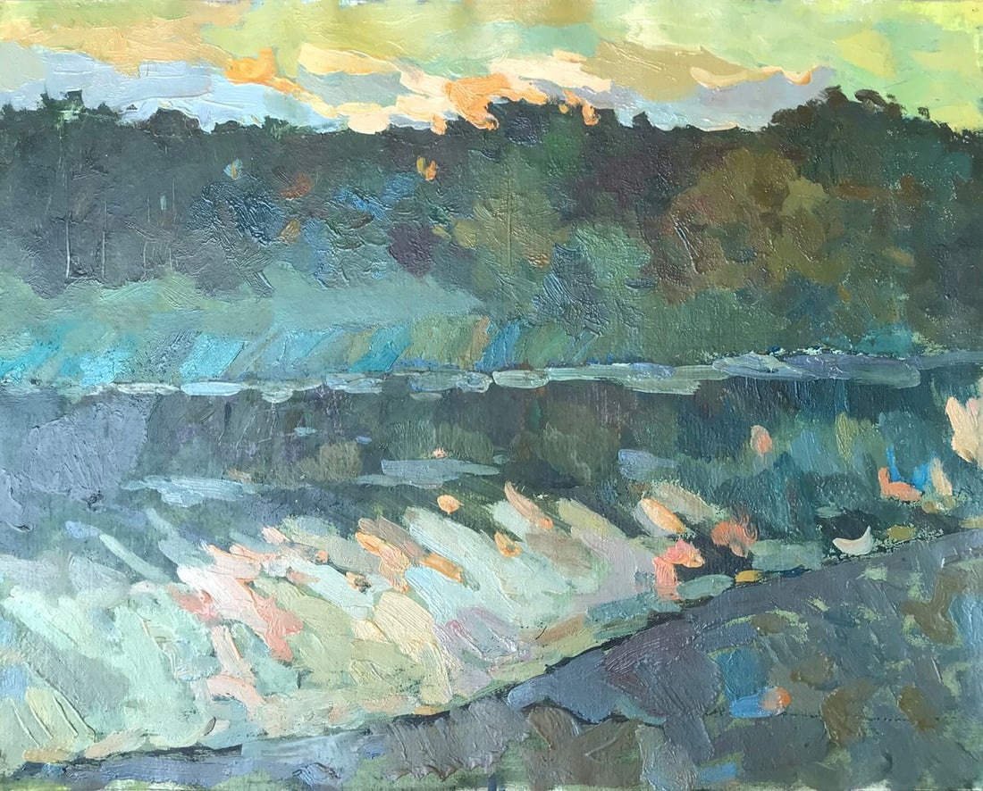 Oil painting Overlooking the forest Peter Tovpev: Title: Oil painting Overlooking the forest Peter Tovpev Description: NoAAA2189 Introducing "Overlooking the Forest" - a breathtaking oil painting that captures the natural beauty of a peaceful river