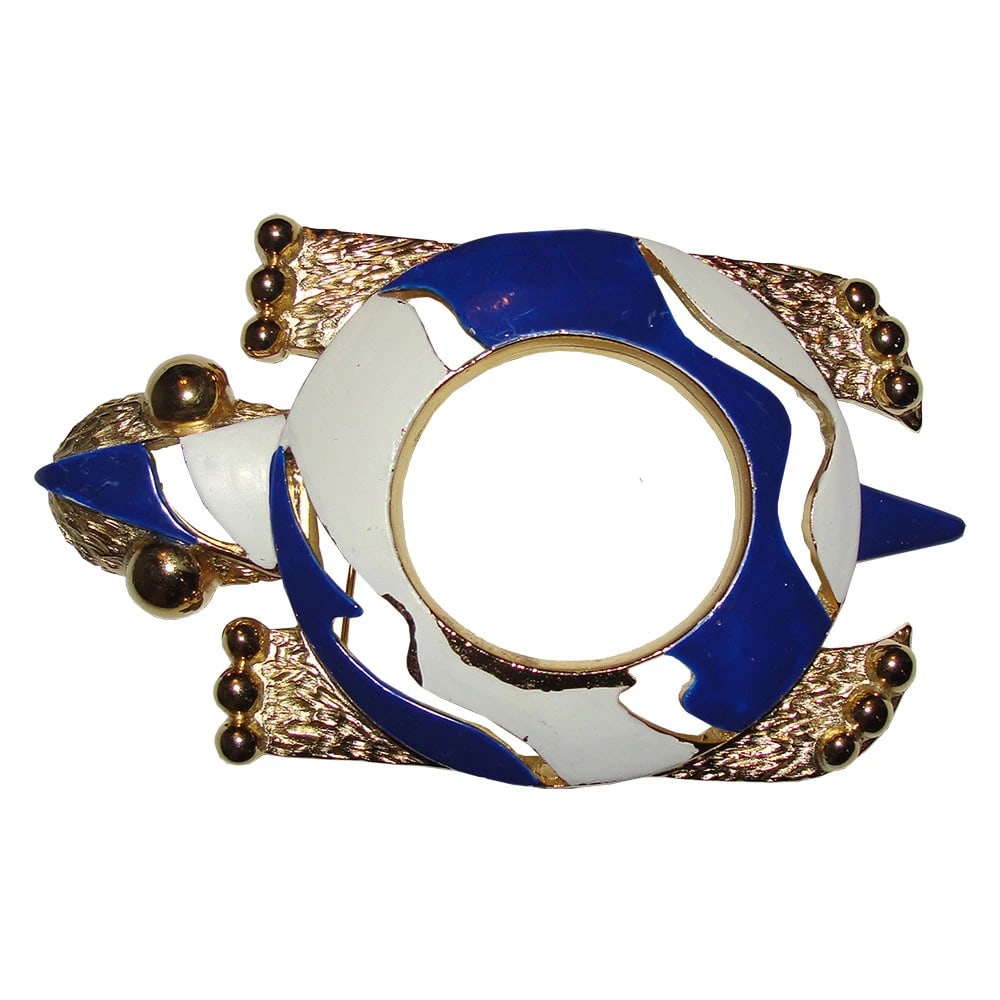 Runway Pierre Cardin Turtle Pin: Title:Runway Pierre Cardin Turtle PinDescription:Massive runway pin by Pierre Cardin. Turtle is white and blue enamel over an 18 kt gold plated costume metal. Pin is 4" long by 2 1/2" wide. Could