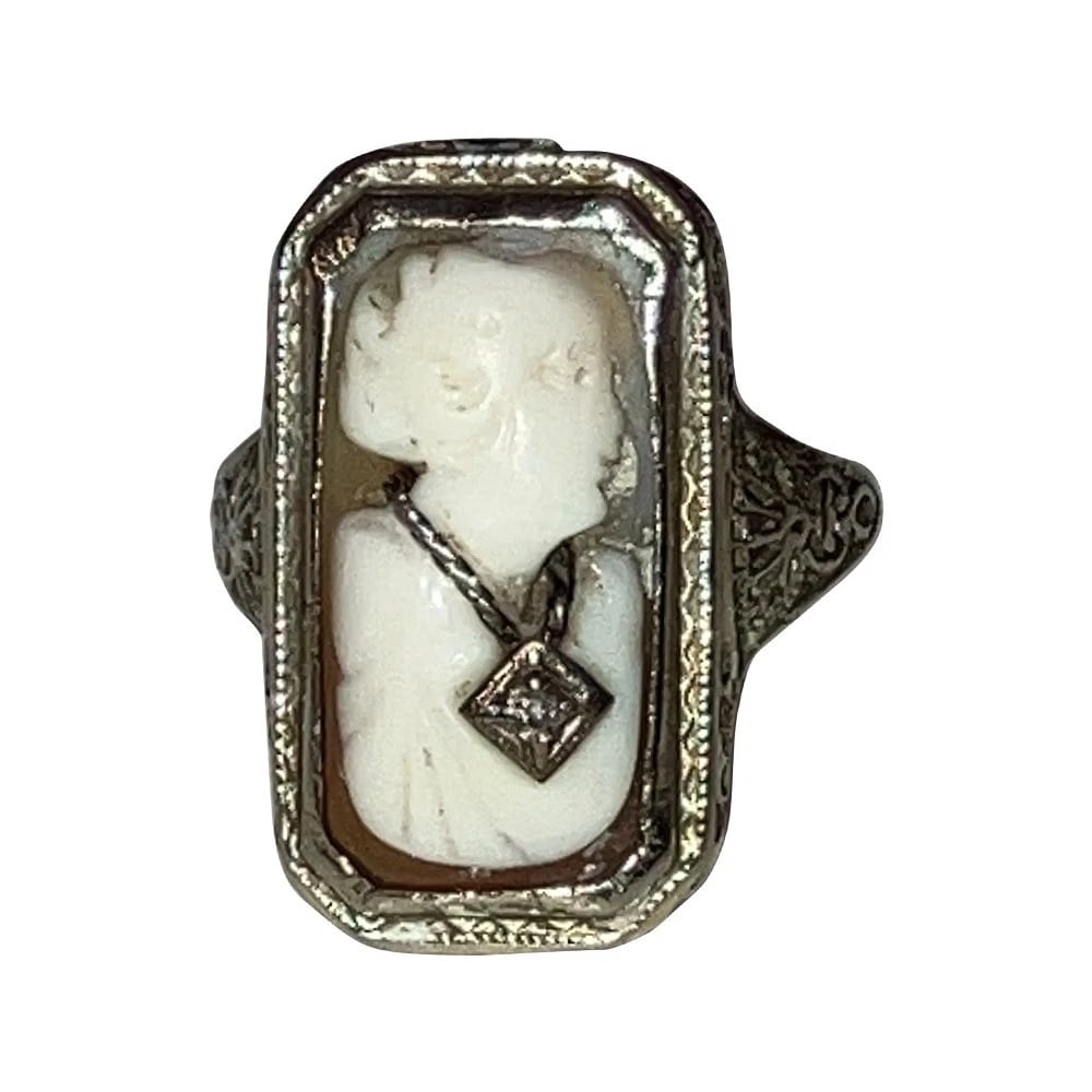 Art Deco Filigree 14 KT Rectangle Carnelian Shell Cameo Hallibe Diamond Ring (1 of 7)