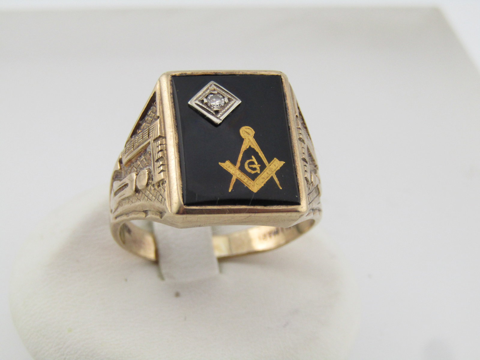 Vintage 10kt Masonic Onyx Diamond Ring, Sz. 12, Signed Hallmark, 1940's-1950's (1 of 8)
