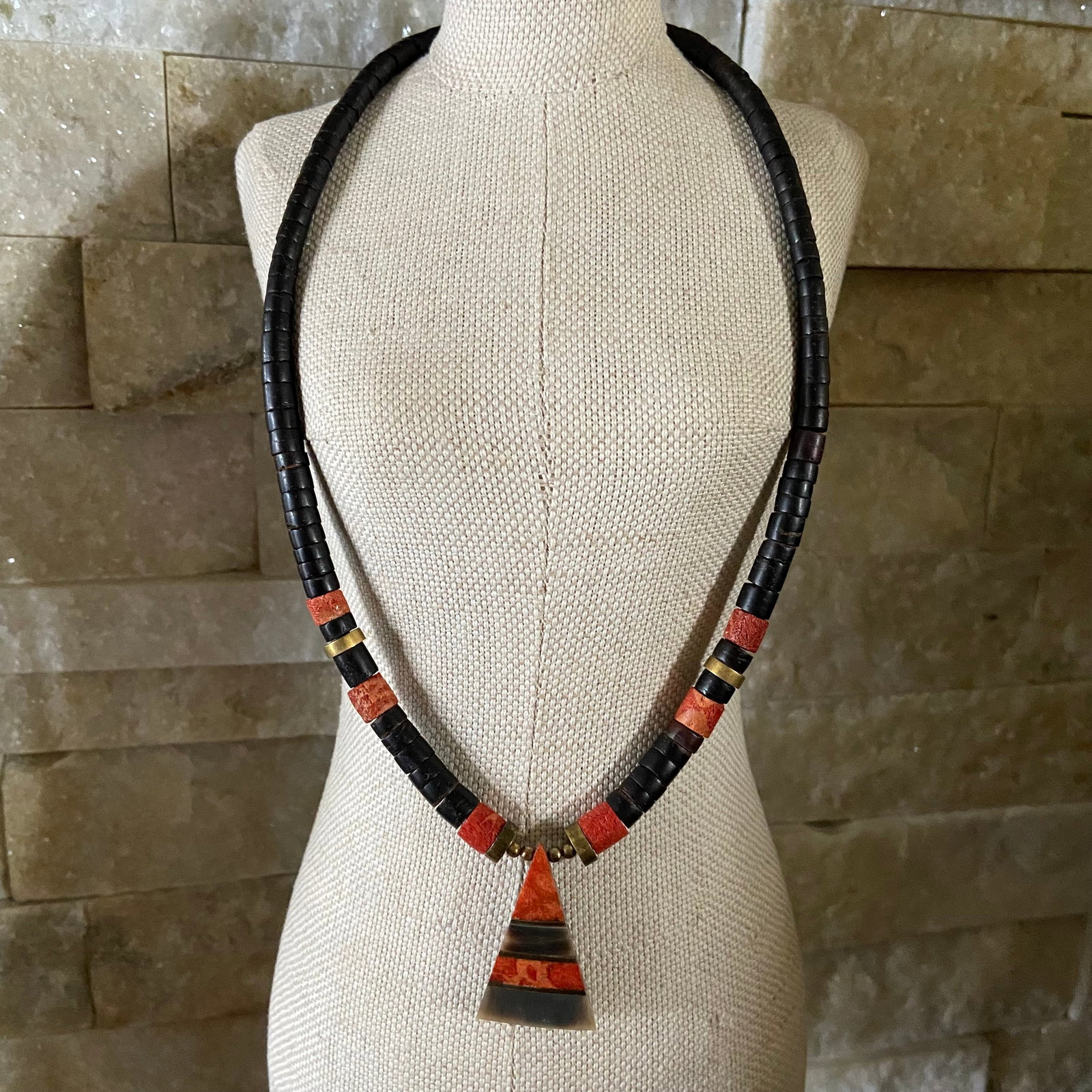Vintage Apple coral black coral Horn Heishi Necklace (1 of 9)