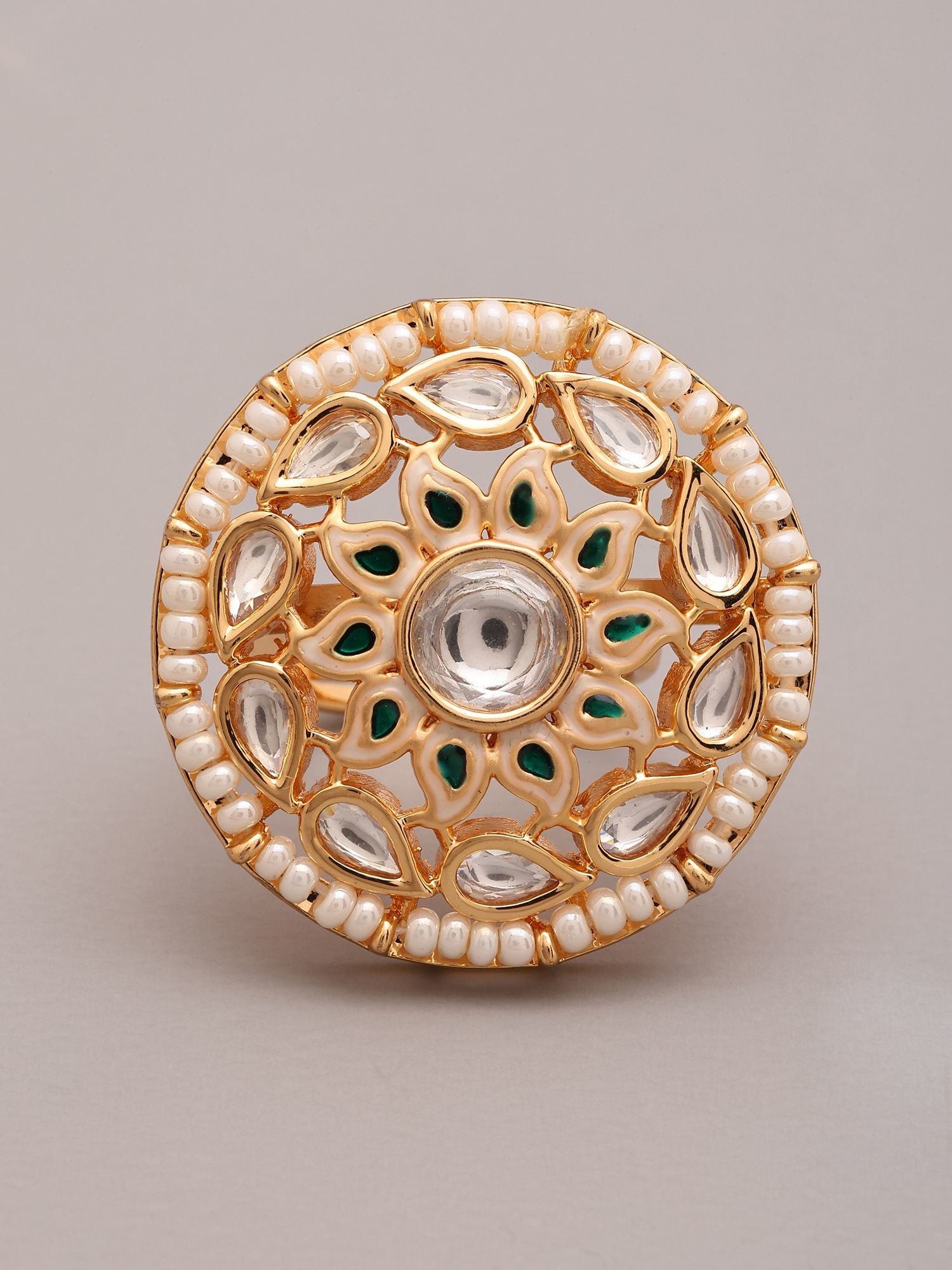 Flower Design Kundan Stone Studded Adjustable Ring - 2