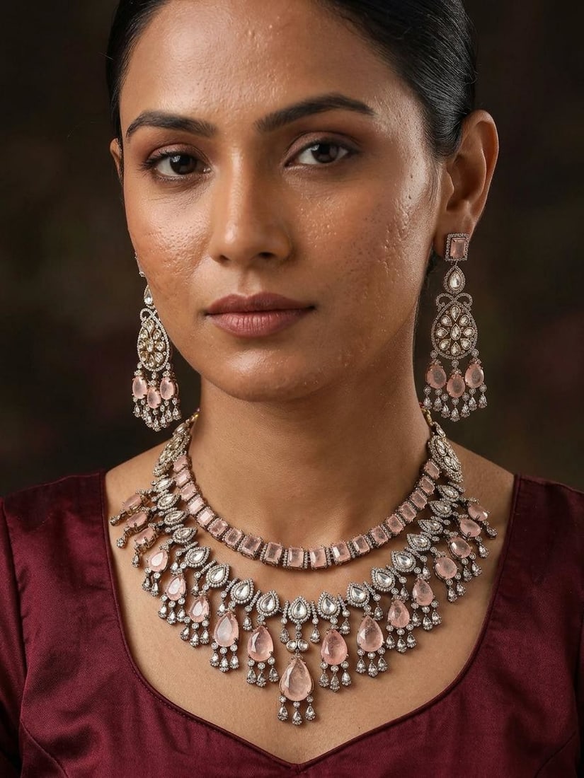 Pink Teardrop Stone Studded Kundan Necklace Set with Earrings (1 of 2)