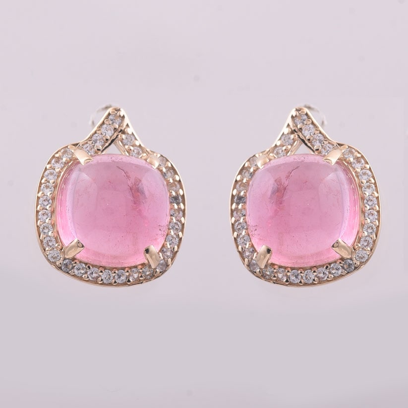 5.42 Ct Cushion Tourmaline 9K Gold Earrings: 5.42 Total Carat Tourmaline 9K Gold Earrings Specifications: Total Weight 2.514 g Center Gemstone Tourmaline Gemstone Carat Weight 5.15 Carats Gemstone Measurements 8X8 mm Additional Gemstones White S
