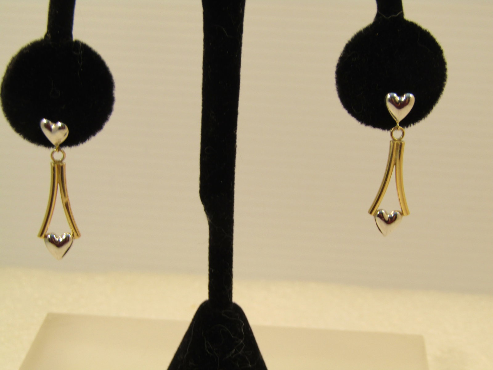 Vintage 14kt Two Tone Heart Drop Earrings, Pierced. 1.25", 1980's-1990's (1 of 5)