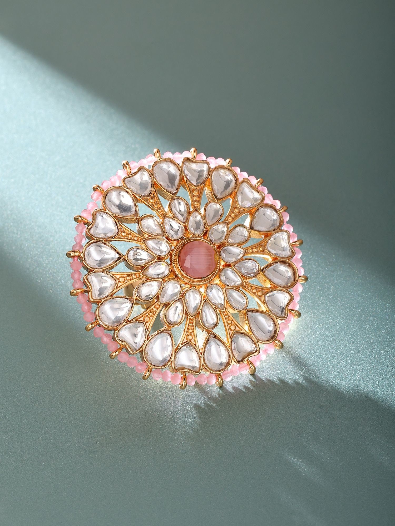 Pink Beaded Halo Polki Adjustable Statement Ring: Title:Pink Beaded Halo Polki Adjustable Statement Ring Description:Pink Beaded Halo Polki Adjustable Statement Ring Reference:itemcode : JA0219 Reserve: $108.00 Shipping: Domestic: Shipping rates are