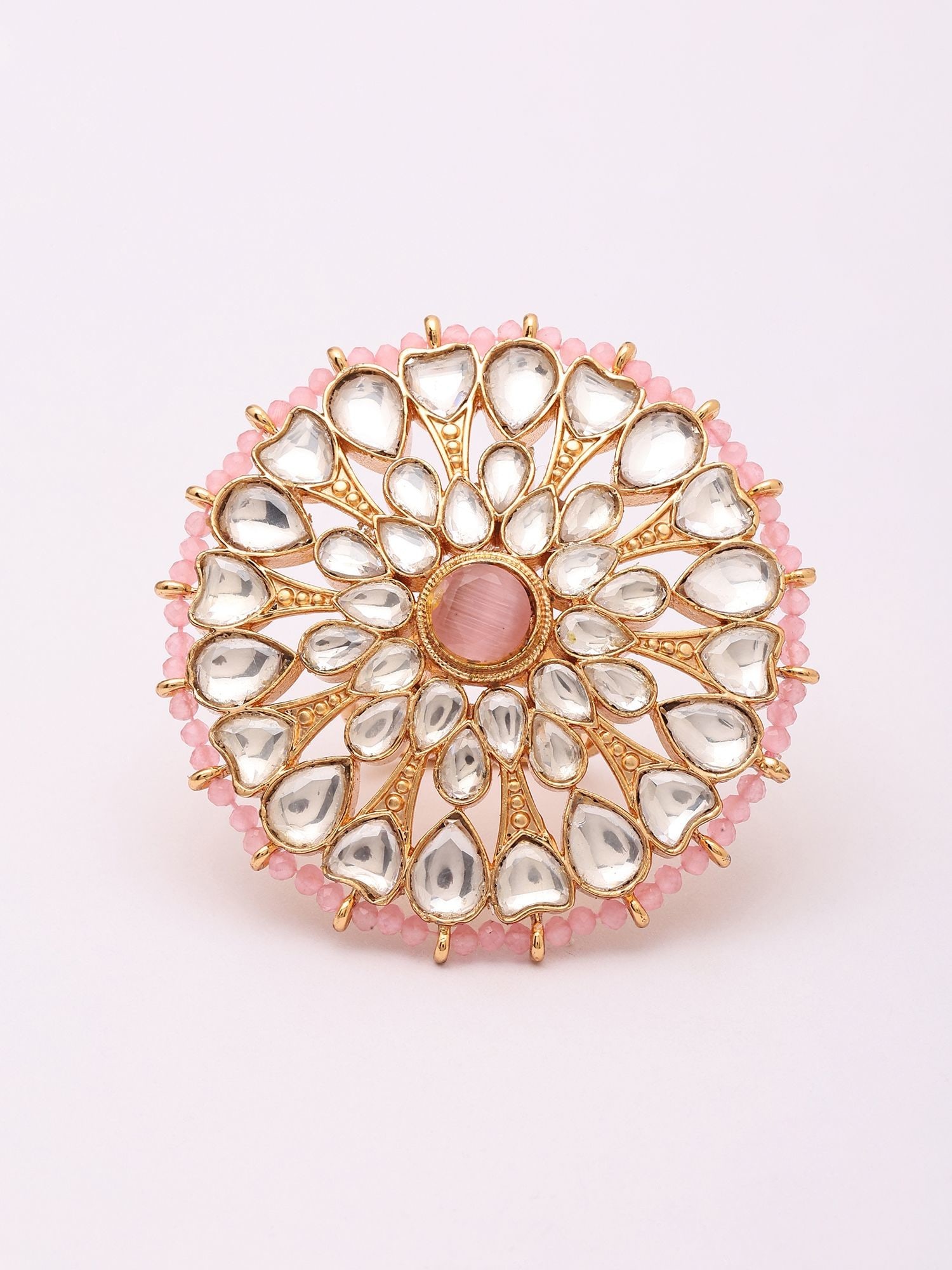 Pink Beaded Halo Polki Adjustable Statement Ring - 2
