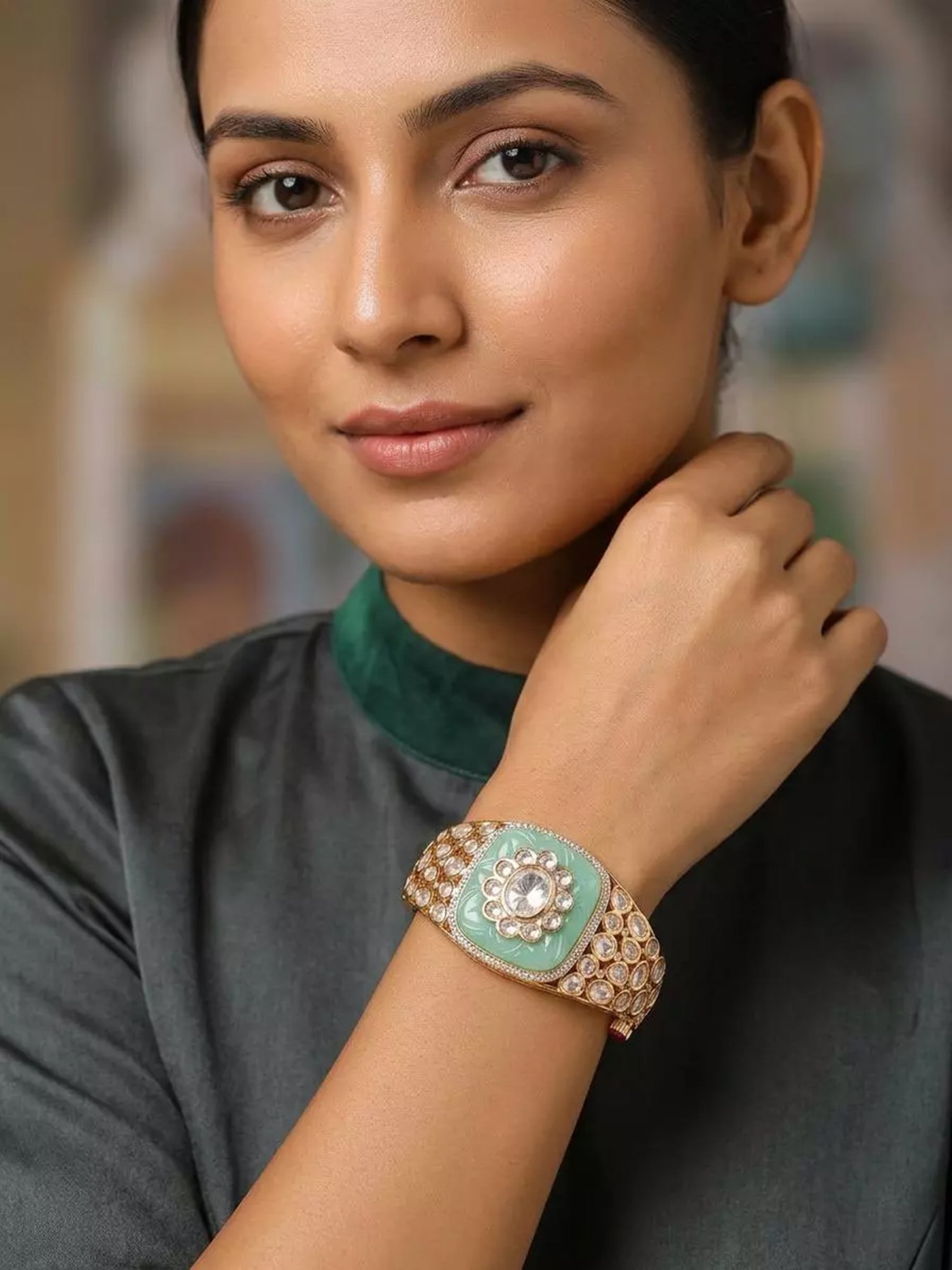 Polki Stone Studded Flower Design Cuff Bracelet - 2