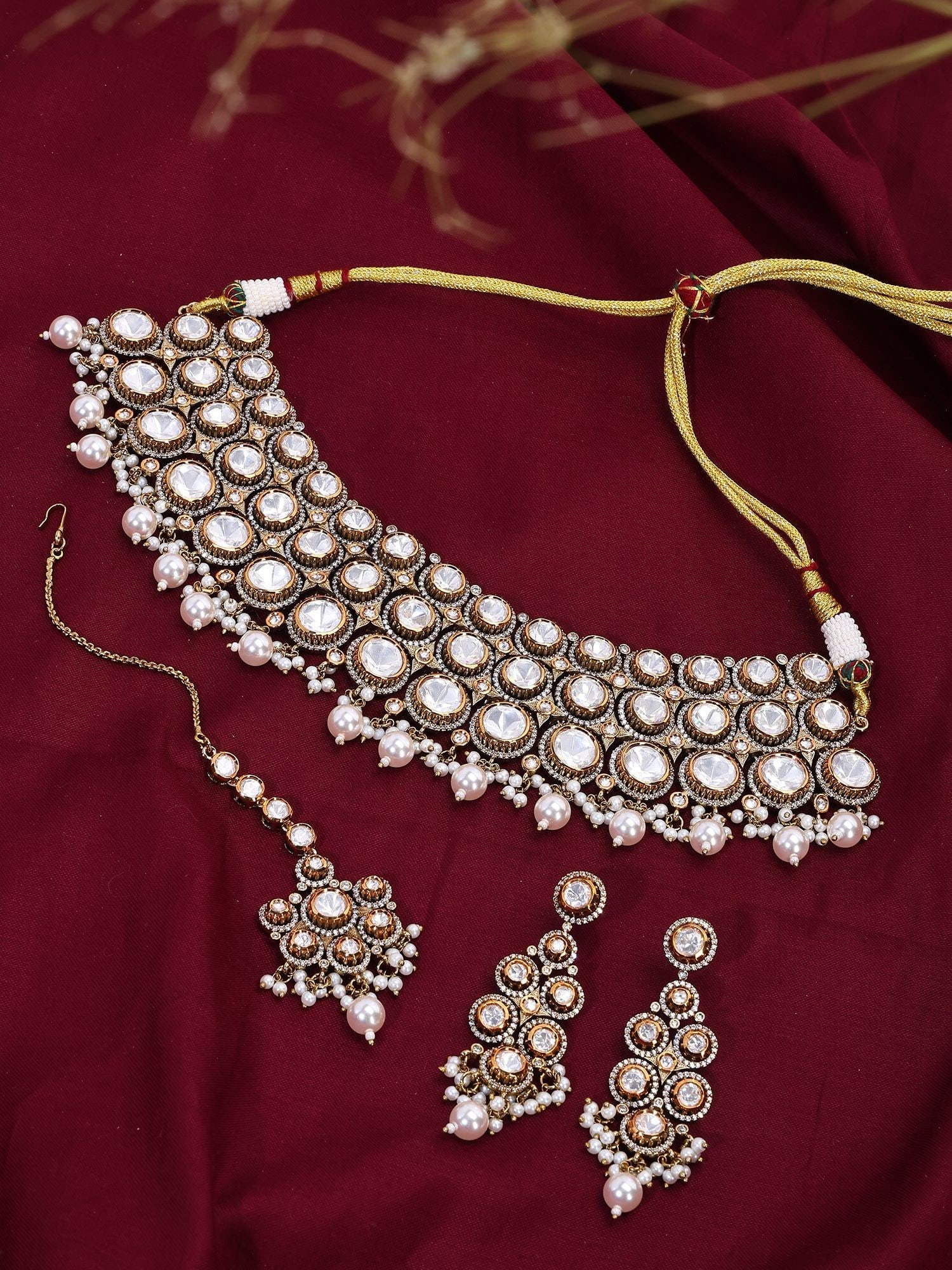 Kundan Bridal Choker Necklace Set with Pearl Drops, Earrings and Maang Tikka (1 of 2)