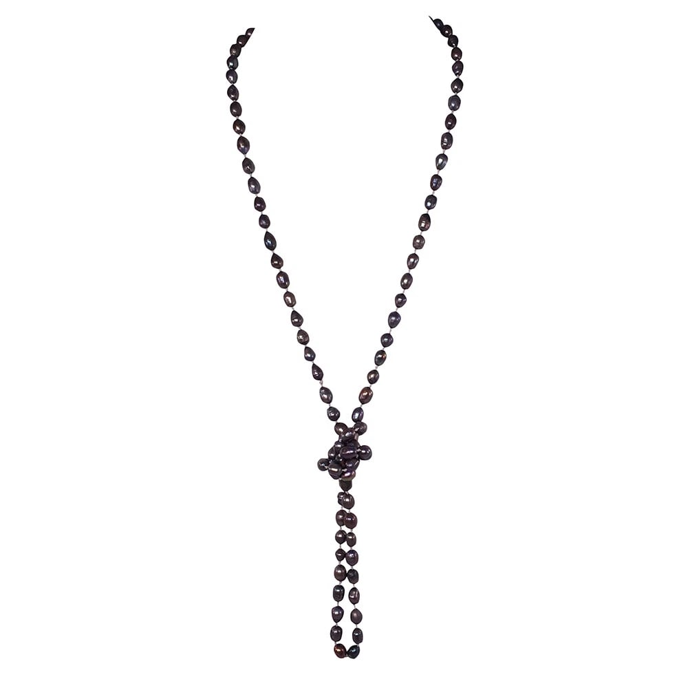 Baroque Grey Pearl Bead Flapper Necklace: Title:Baroque Grey Pearl Bead Flapper NecklaceDescription:Baroque Grey Pearl Bead Flapper Necklace, hand knotted on cotton. Circa 1980s. Necklace measures 47" long, endless with no clasp. Pearls