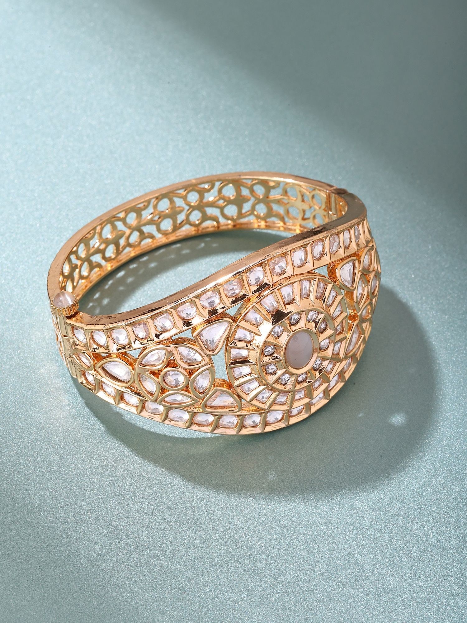 Sunburst Floral Style Kundan Stone Studded Cuff Bracelet (1 of 2)