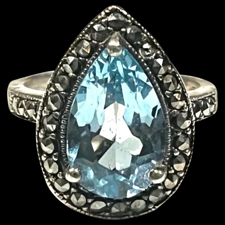 Vintage Sterling Silver Blue Topaz and Marcasite Statement Ring (1 of 6)