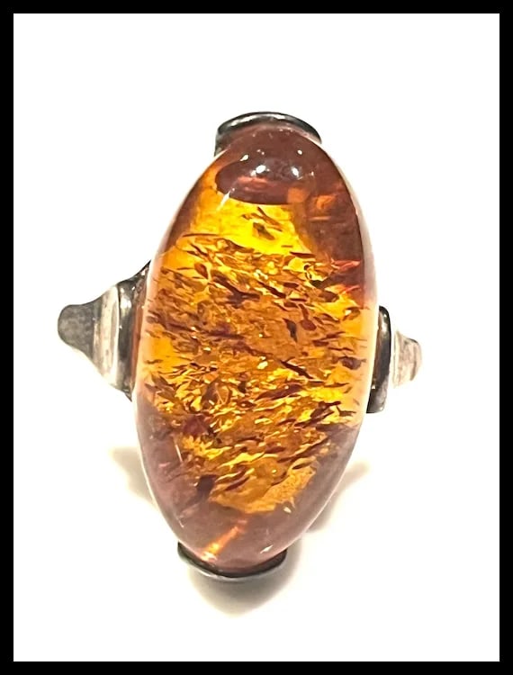 Vintage Sterling Silver Amber Ring - 2